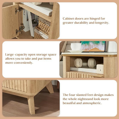 QUW Fluted Nightstands Set of 2 with Charging Station, 18" Modern Side Table, Wooden Bedside Table with Faux Marble Top, Open Storage, Cabinet, End Table for Bedroom, Living Room, Natural Oak