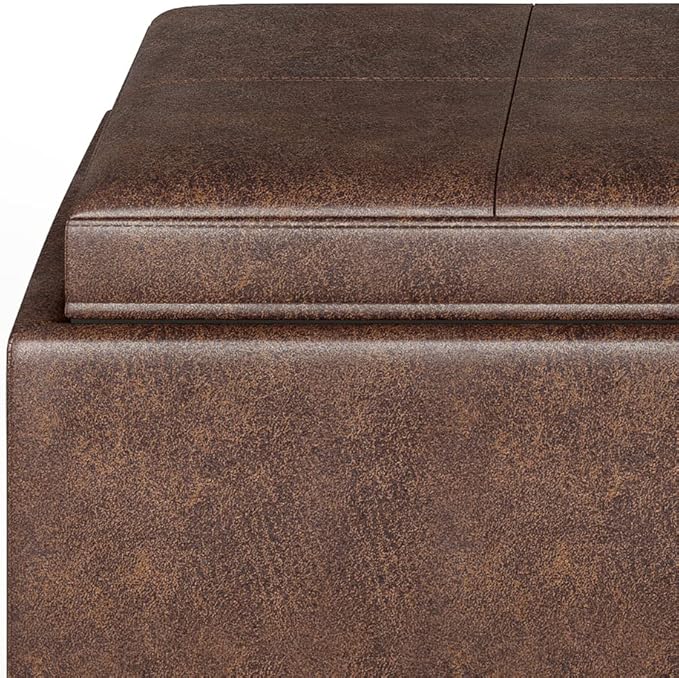 SIMPLIHOME Avalon 35 inch Wide Contemporary Rectangle 5 Pc Storage Ottoman in Distressed Chestnut Brown Vegan Faux Leather, Assembled, For the Living Room, Entryway and Family Room