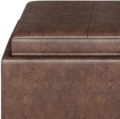 SIMPLIHOME Avalon 35 inch Wide Contemporary Rectangle 5 Pc Storage Ottoman in Distressed Chestnut Brown Vegan Faux Leather, Assembled, For the Living Room, Entryway and Family Room