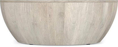 SIMPLIHOME Elmbrook Coffee Table - 34 inch Wide Solid Mango Wood Modern Industrial Round Drum Cocktail Table in White Wash, Sculptural Living Room Table with Low Profile Design, Assembled