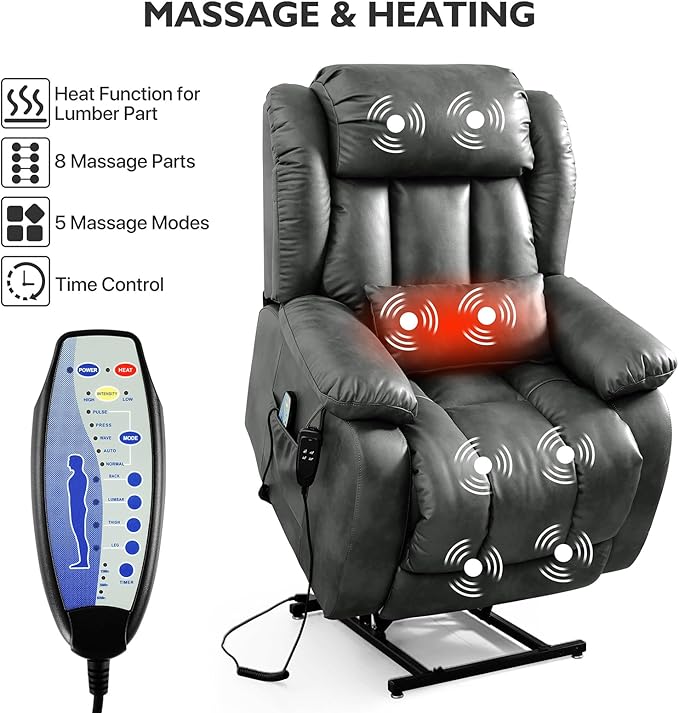 EDILLY Extra Large Power Lift Recliner Chairs for Elderly,Infinite Position Lay Flat Dual Motor Recliners Chair,with Heating and Massage, Breathable Leather,USB Ports and Remote Control(Silver Gray)