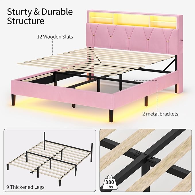 Queen Bed Frame with Storage Headboard,Power Outlet, Modern Velvet Upholstered Platform Bed LED Bed Frame with 5 Storage Shelves, No Box Spring Needed, Pink