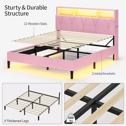 Queen Bed Frame with Storage Headboard,Power Outlet, Modern Velvet Upholstered Platform Bed LED Bed Frame with 5 Storage Shelves, No Box Spring Needed, Pink