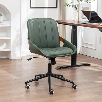 Small Home Office Chair No Arms,PU Leather Desk Chair with Wheels,Adjustable Height Work Chair,360° Swivel Computer Desk Chair for Office, Reading and Study (Green)