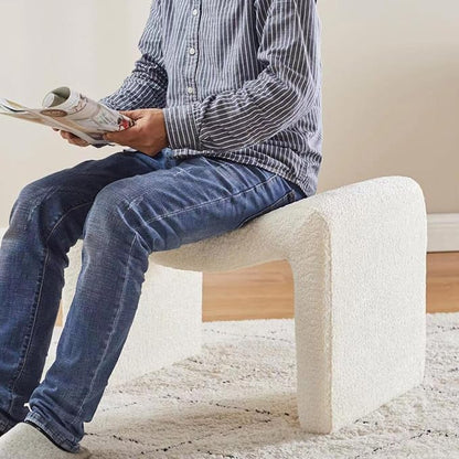 Modern Boucle Ottoman, Vanity Stool Chair, Foot Stool with Wooden Legs Sofa Bench Footstool Extra Seat for Vanity, Makeup Room, Living Room, Entryway, Set 2, White