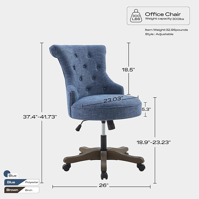 Home Office Chair Adjustable Height Swivel Chair with Wheels Linen Fabric Upholstered Computer Desk Chair with Wooden Legs Comfortable Armless Chair for Home Office Study Studio(Blue)