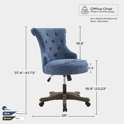Home Office Chair Adjustable Height Swivel Chair with Wheels Linen Fabric Upholstered Computer Desk Chair with Wooden Legs Comfortable Armless Chair for Home Office Study Studio(Blue)