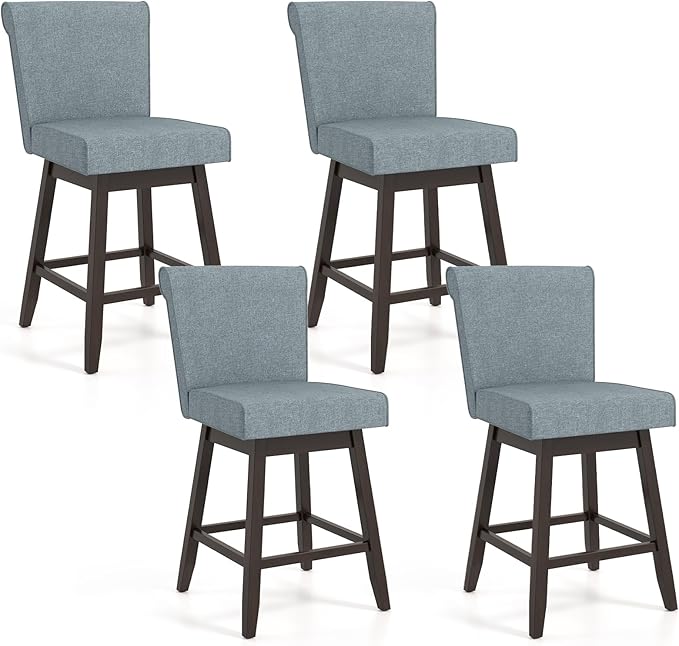 COSTWAY Swivel Bar Stools Set of 4, 27" Counter Height Bar Chairs with Rubber Wood Legs, Upholstered Linen Barstools with Back & Cushioned Seat, for Kitchen Island, Home, Pub, Grey