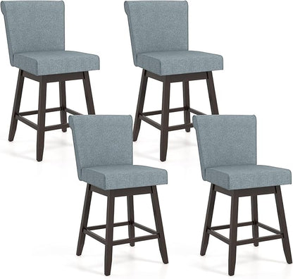 COSTWAY Swivel Bar Stools Set of 4, 27" Counter Height Bar Chairs with Rubber Wood Legs, Upholstered Linen Barstools with Back & Cushioned Seat, for Kitchen Island, Home, Pub, Grey