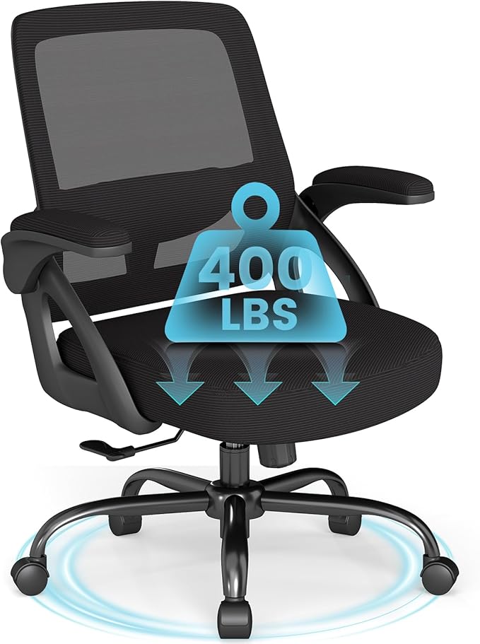 AnyGod Big and Tall Office Chair, Ergonomic Desk Chair Mesh Mid Back with Comfy Lumbar Support Swivel Task Executive Chairs with Wheels, Flip up Arms for Home, Office, Study