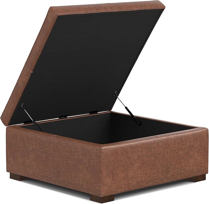 SIMPLIHOME Gabbie 36 inch Wide Contemporary Square Square Coffee Table Storage Ottoman in Distressed Saddle Brown Vegan Faux Leather, Assembled, for The Living Room, Entryway and Family Room