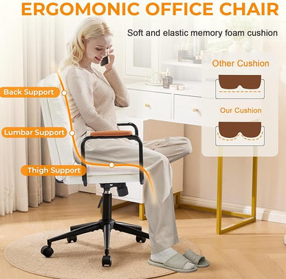 Furniliving Leather Home Desk Chair, Comfortable Executive Office Chair with Wheels, Ergonomic Computer Task Chair Adjustable Height, White