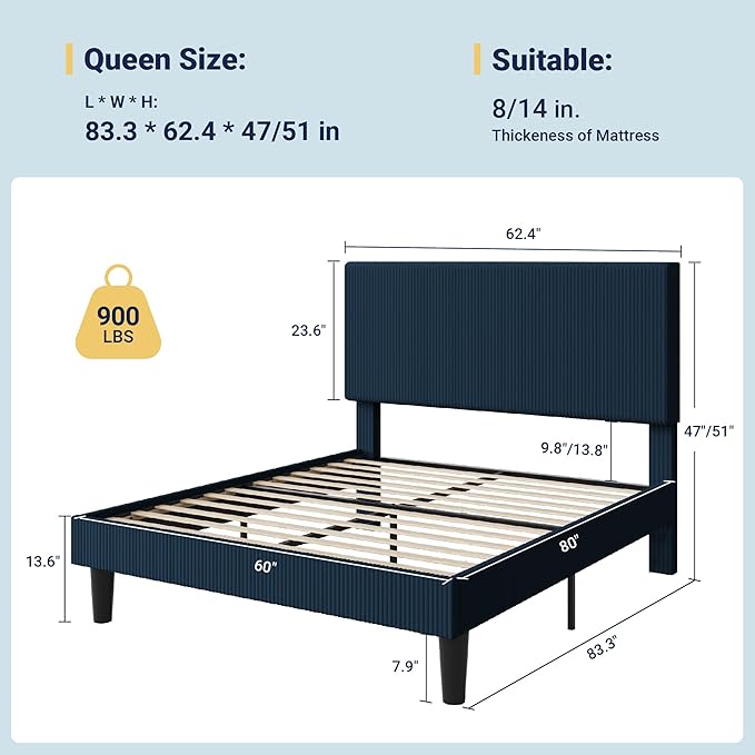 Allewie Queen Size Upholstered Bed Frame with Vertical Channel Tufted Headboard, Soft Corduroy Fabric Platform Bed, Strong Wooden Slats Support, Easy Assembly, No Box Spring Needed, Dark Blue