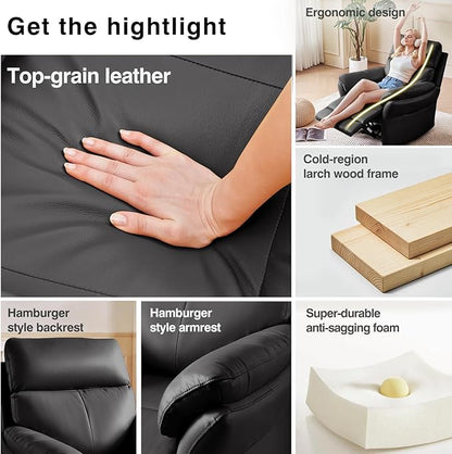 AIRSKY Genuine Leather Recliner Chair, Top Grain Leather, Italian Water-Washing Process, Recliner Chairs for Adults, Single Sofas for Living Room, Theater Seating, Bedroom. R1, Black