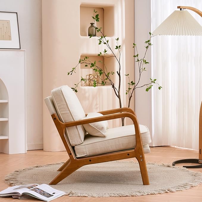 Karl home Accent Chair Mid-Century Modern Chair with Pillow Linen Fabric Upholstered Lounge Arm Chair with Solid Wood Frame & Soft Cushion for Living Room, Bedroom, Balcony, Beige