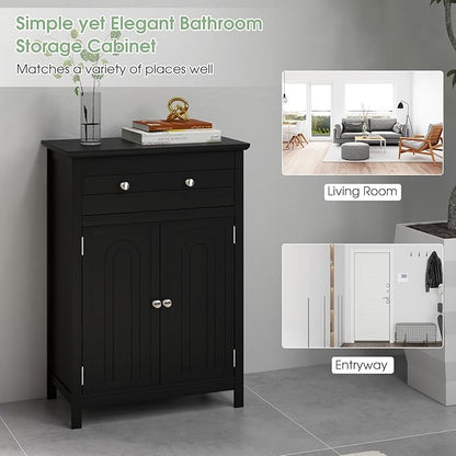 LOKO Bathroom Floor Cabinet, Kitchen Storage Cabinet with 1 Drawer, 2 Doors & 3-Position Adjustable Shelf, 2-Door Floor Storage Cabinet for Bathroom, Living Room, Entryway (Black)