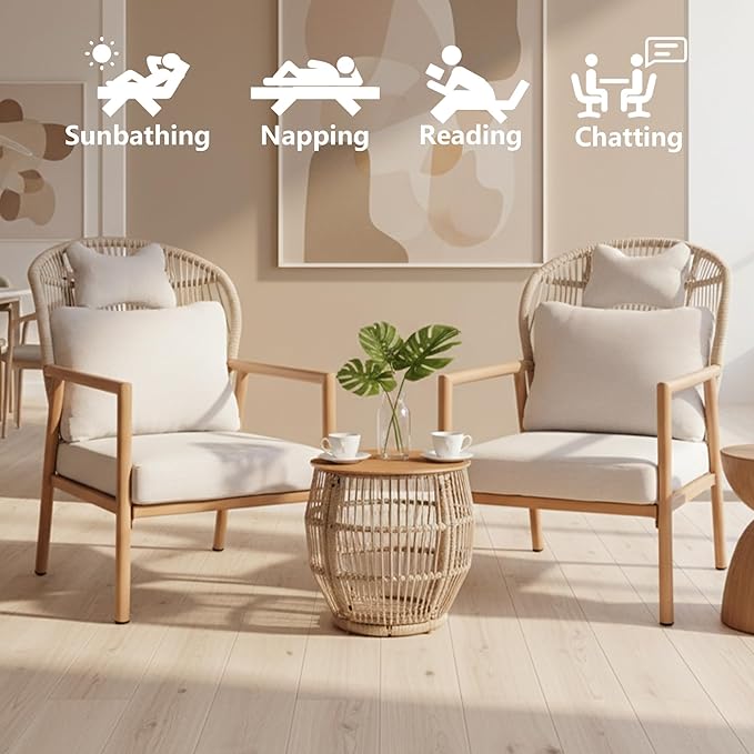 Modern Living Room Chairs, Accent Chairs Set of 2 with Coffee Table, Comfy Arm Chair with Cushions, Rattan Reading Lounge Chair with Metal Frame, Armchair for Bedrooom/Indoor/Outdoor, Beige