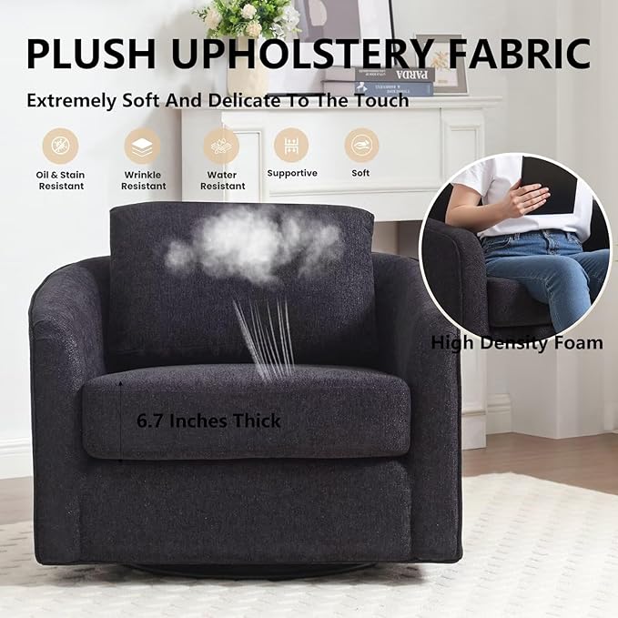 MINCETA Oversized Accent Chair for Living Room, 360° Swivel Barrel Chair with High Density Foam, Modern Glider Chair with Performance Fabric Upholstered Armchair for Apartment, Bedroom Black