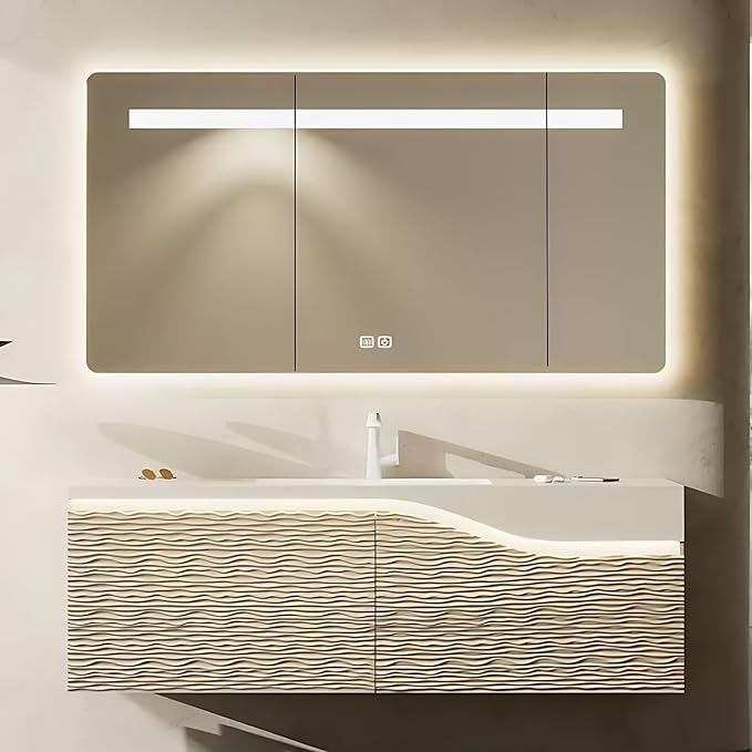 48in Elegant Modern Luxury Bathroom Vanity with Sink - Wall Mounted Solid Wood Cabinet & Smart LED Defogging Mirror | Single Sink Bathroom Cabinets