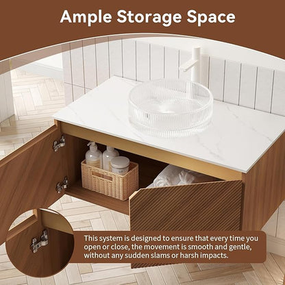 36 Inch Floating Bathroom Vanity with Vessel Sink, Fluted Modern Cabinet with 2 Doors, Glass Vessel Ceramic Sink & Sintered Stone Top, Oak