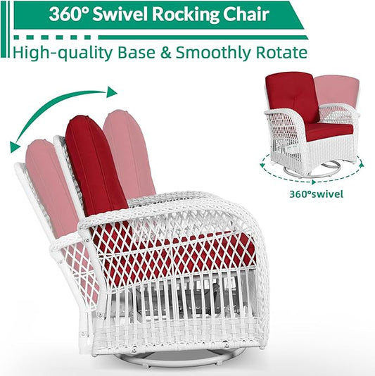 VIVIJASON 3-Piece Outdoor Conversation Bistro Set, Patio Swivel Glider Rocking Chairs Rattan Furniture Sets w/ 2 White Rattan Chairs, Glass Top Side Table for Porch Backyard, Red Cushions