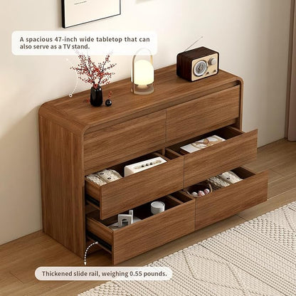 55 Inch Dresser For Bedroom 6 Drawer Wood Chest of Drawers - Curved Anti Collision, Mid Century Dresser For Closet with Natural Texture & Pre-Embedded Slots for TV Stand, Living Room, Nursery