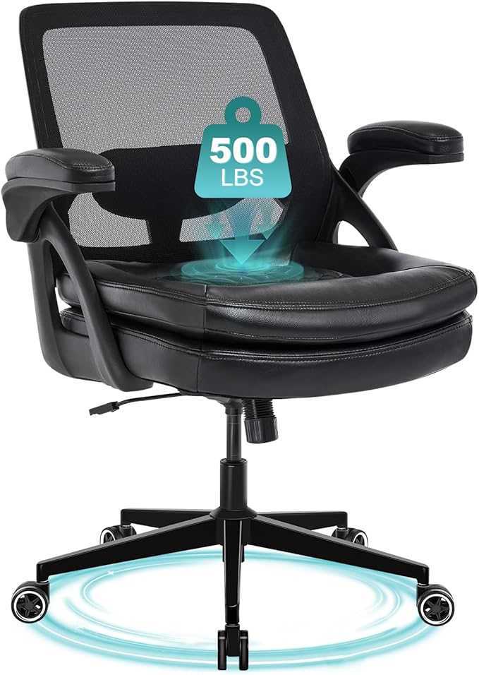 Big and Tall Office Chair, 500lbs Mesh Heavy Duty Ergonomic Desk Chair with Flip-up Armrests, Plus Size Wide Seat in PU Leather, 360 Swivel Computer Executive Task Chair for Home Office (Black)