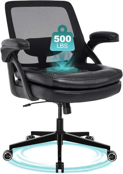 Big and Tall Office Chair, 500lbs Mesh Heavy Duty Ergonomic Desk Chair with Flip-up Armrests, Plus Size Wide Seat in PU Leather, 360 Swivel Computer Executive Task Chair for Home Office (Black)