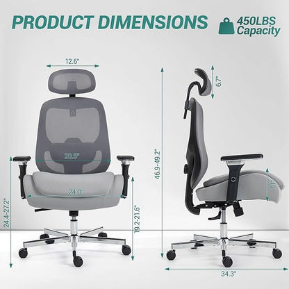 450 LBS Big and Tall Office Chair, Heavy Duty Executive Chair w/4D Arms, Ergonomic Computer Home Desk Chair, Swivel Mesh Chair w/2D Lumbar Support, Adjustable Headrest, Tilt Lock-Grey