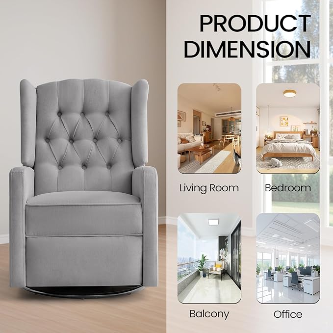 360 Swivel Rocker Recliner Chair for Adults, Nursery Chair for Small Spaces Living Room, Upholstered Fabric Glider Recliner, Pigeon Grey