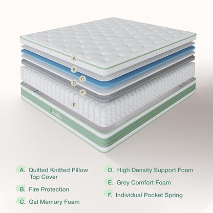 Novilla Queen Mattress, 12 Inch Hybrid Mattress in a Box, Gel Memory Foam with Individual Pocket Springs for a Peaceful Sleep, Queen Size Mattresses, Pillow Top Mattresses with Quilted Cover