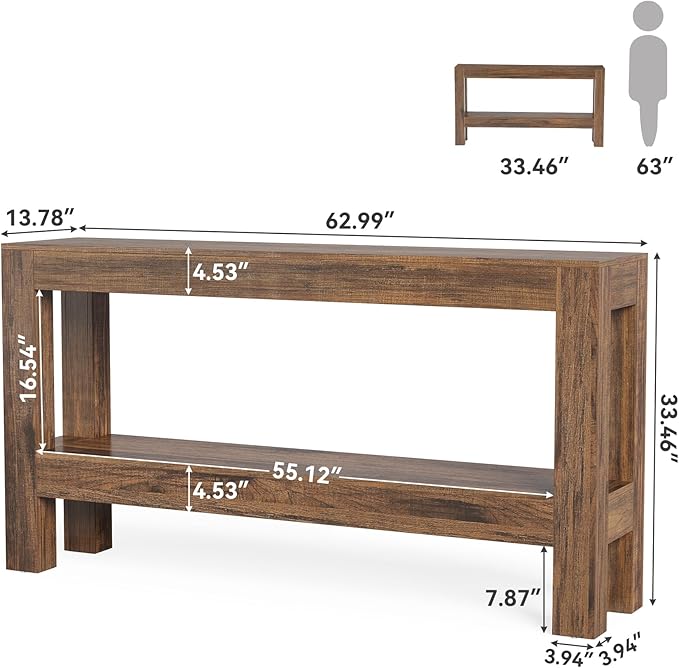 LITTLE TREE 63-Inch Wood Entryway Table, Long Farmhouse Narrow Console Table for Living Room, Hallway, Sofa, Entry, Entrance, Foyer, Behind Couch with 2-Tier Shelves, Brown