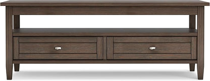 SIMPLIHOME Warm Shaker Coffee Table - 48 inch Wide Solid Wood Cocktail Table in Farmhouse Brown, Transitional Living Room Table with 2 Storage Drawers and Open Shelf for Sitting Area or Lounge