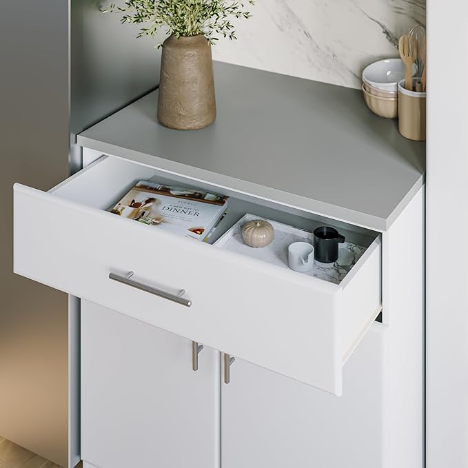 Prepac Elite 36" Tall Storage Cabinet with Doors and Shelves, Multipurpose Garage Cabinet with Large Drawer and Adjustable Shelf, Open Back Storage Furniture for Kitchen, Laundry Room, Garage, White