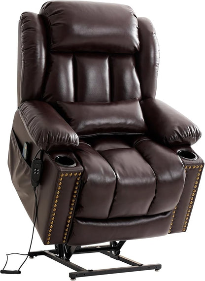 Dual Motor Large Power Lift Recliner Chair for Elderly with Heat and Massage,Lay Flat Lift Chairs Recliners for Seniors Infinite Position,USB Ports&Remote, Leather (Brown, Large)