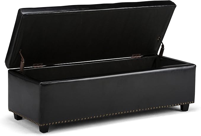 SIMPLIHOME Hamilton 48 inch Wide Transitional Rectangle Storage Ottoman in Midnight Black Vegan Faux Leather, Assembled, For the Living Room, Entryway and Family Room