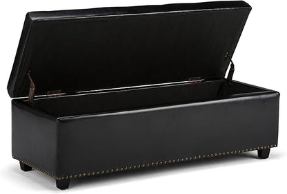 SIMPLIHOME Hamilton 48 inch Wide Transitional Rectangle Storage Ottoman in Midnight Black Vegan Faux Leather, Assembled, For the Living Room, Entryway and Family Room