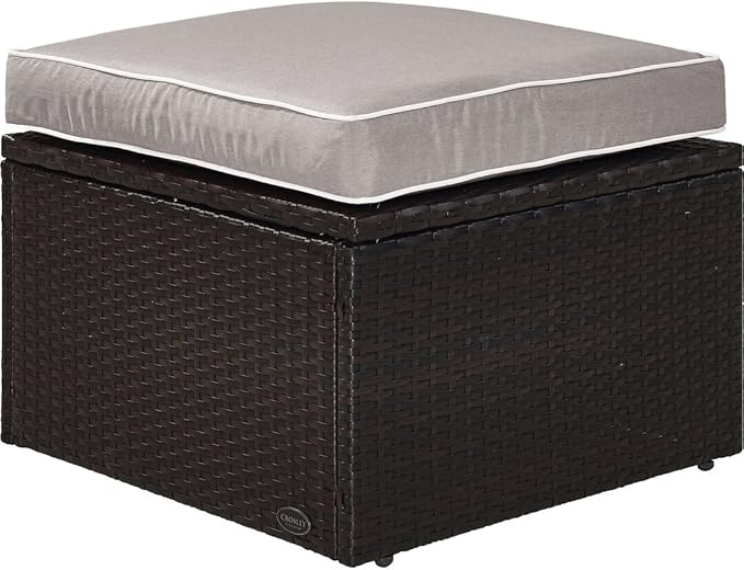 Crosley Furniture Palm Harbor Wicker Outdoor Ottoman Foot Rest for Patio, Deck, Porch, Brown with Gray Cushions