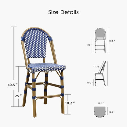 PURPLE LEAF French Counter Height Bar Stool Set of 2 25" Bamboo Print Finish Patio Bar Chairs with Back Rattan Bar Chairs French Bistro Set for Kitchen Outdoor Counter Stool Royal Blue