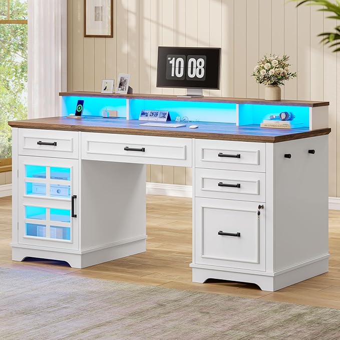 60'' Farmhouse Executive Desk with Drawers, Home Office Desk with Power Outlet & LED Light, Wood Computer Desk with Monitor Stand, Locking File Drawer, Glass Storage Cabinet, Hooks, White
