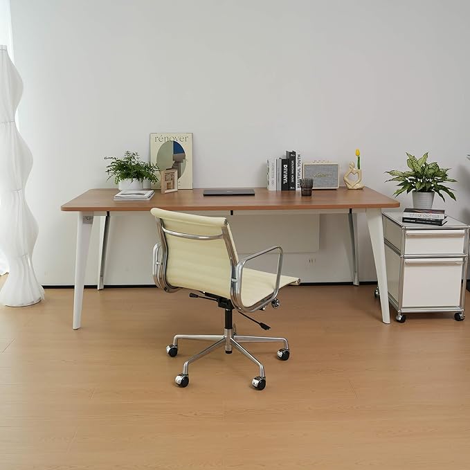 Ribbed Office Chair with Top Grain Leather - Mid Back Ergonomic Desk Chair with Aluminum Arms & Frame, Swivel Wheels & Tilt Function, Adjustable Height