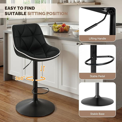 Nalupatio Bar Stools Set of 4, Adjustable Swivel Counter Height Bar Stools with Back, Armless Modern Barstools for Kitchen Island & Home Bar, Upholstered Seat,（Black）