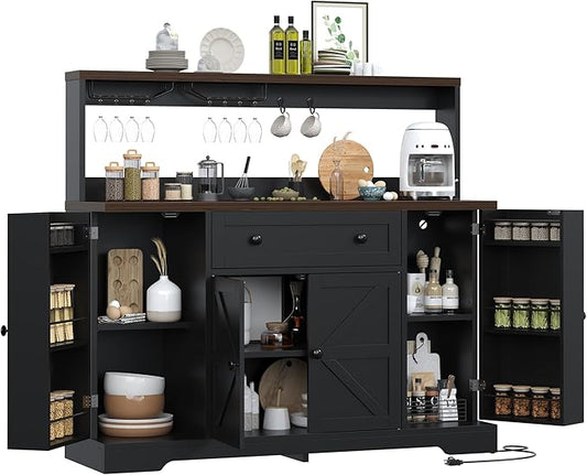 Hutch Storage Buffet Cabinet with Drawers, and Charging Station, Coffee Bar Cabinet with Barn Doors, Wine Rack and Hooks, White Wood Sideboard Buffet for Kitchen, Dining Room, 47.8" High