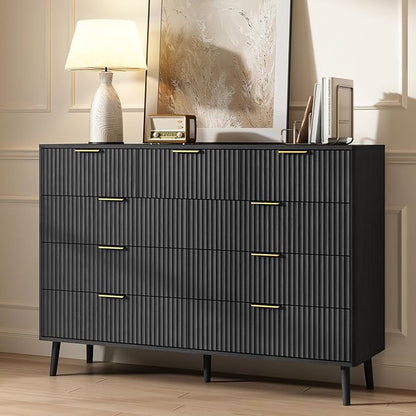CARPETNAL Fluted 9 Drawer Dresser for Bedroom, 55" Wide Wooden Chest of Drawers with Rounded Corners, Gold Handles, Modern Storage Organizer for Bedroom, Hallway(Black)