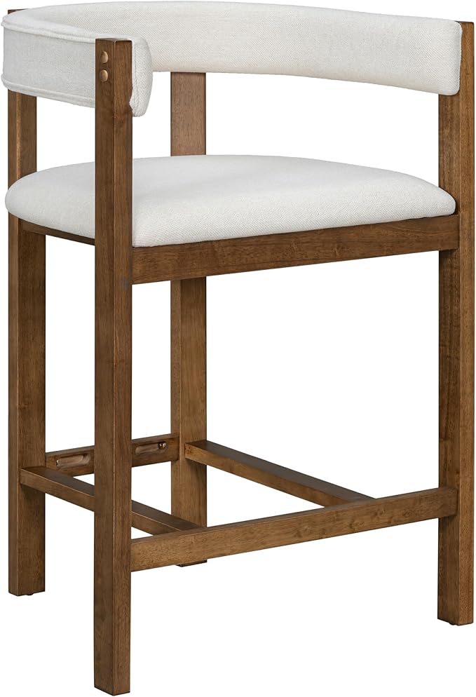 Christopher Knight Home Set of 2 Rylan Modern Fabric Upholstered Dining Room Counter Height Barstools,Kitchen Island Rubberwood Counter Stool,Armchair with Footrest+Curved Backrest,Beige+Walnut