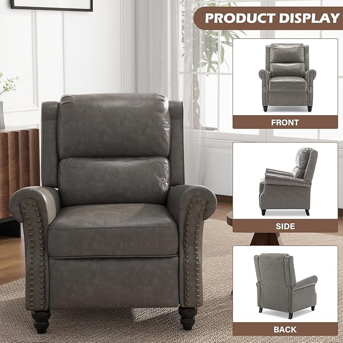 UIXE Faux Leather Recliner Chair, Pushback Armchair Overstuffed Accent Chair for Living Room, Rivet Trim Club Chair Home Theater Single Sofa Bedroom Side Reading Seat - Gray