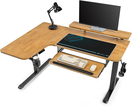 EUREKA ERGONOMIC L Shaped Standing Desk w Keyboard Tray,61" Electric Corner Standing Desk, Computer Desk w LED Monitor Stand,Dual Motor,Solid Wood,Left/Oak