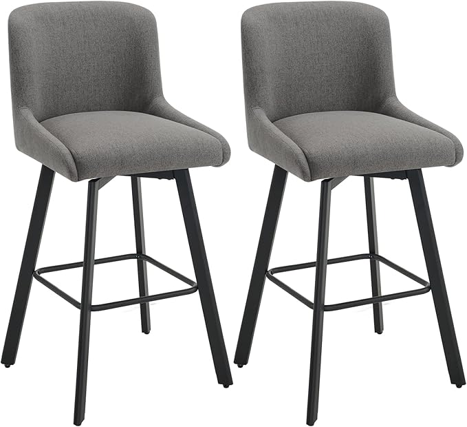 Swivel Bar Stools Set of 2, 30''H Upholstered Barstools with Backs, Modern Counter Height Bar Stool Chairs for Kitchen Island, Metal Legs, Fabric, Gray Counter Stools