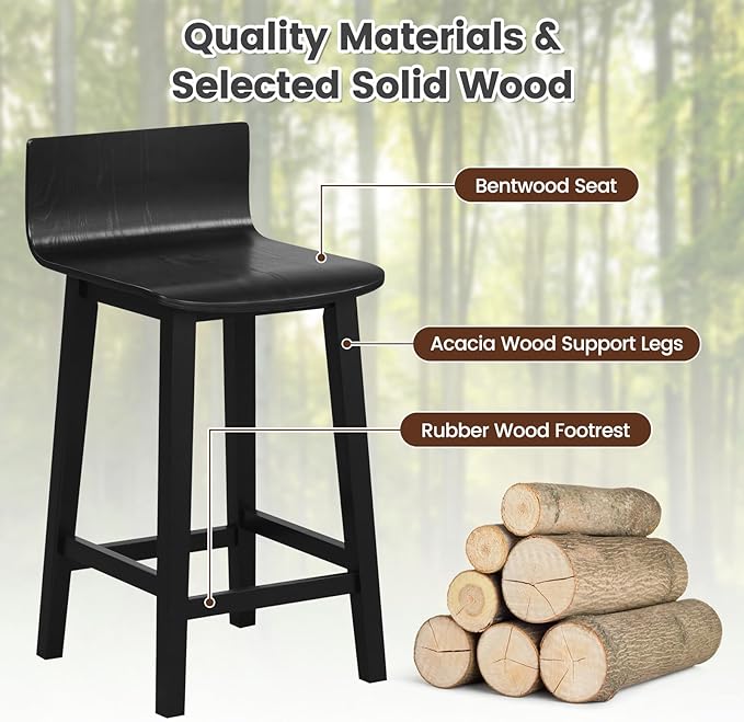 COSTWAY Solid Wood Bar Stools Set of 2, 24.5-inch Counter Height Chairs with Low Back and Footrest, Farmhouse Wooden Armless barstools for Kitchen Island, Dining Room, Cafe, Breakfast, Black