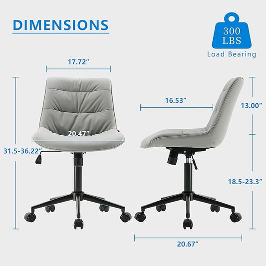Rowill Leather Office Chair, Ergonomic Armless Desk Chair with Waterproof Cushion & Slient Wheels & SGS-Certified Class 3 Explosion-Proof Gas Lift, Ideal for Home Office, Study and Vanity(Grey)